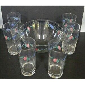 Lenox Poppies on Blue 9" All Purpose Glass bowl & 6 Highball Glasses Vintage